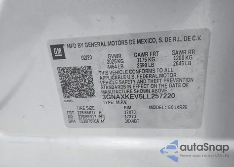 2020 Chevrolet Equinox Fwd Lt 1.5L Turbo z USA, uszkodzony, nr VIN 3GNAXKEV5LL257220